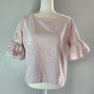 J Crew Light Pastel Pink Neutral Crew Neck Ruffled Sleeve Oversized Fit Top
